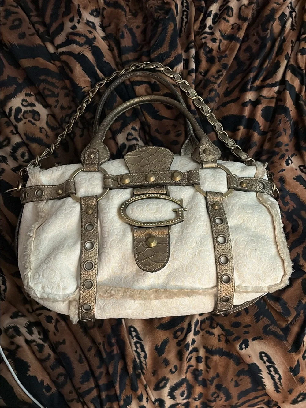 Guess Cream Satchel with Gold-Tone Accents